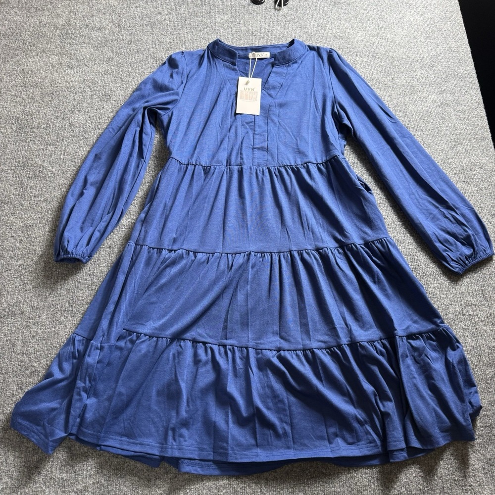 Womens UVN Blue Tiered Babydoll Dress XL New With Tags Long Sleeve Boho Casual
